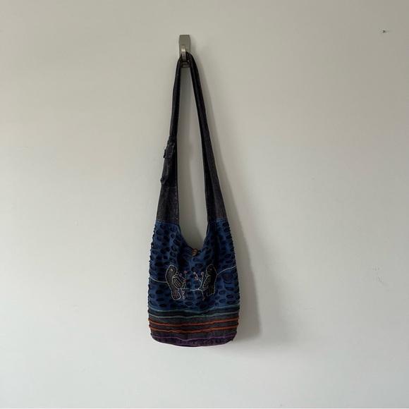 Kathmandu Imports Boho Sling Bag Blue Cutout Embroidered Birds 100% Cotton Nepal - Picture 1 of 9